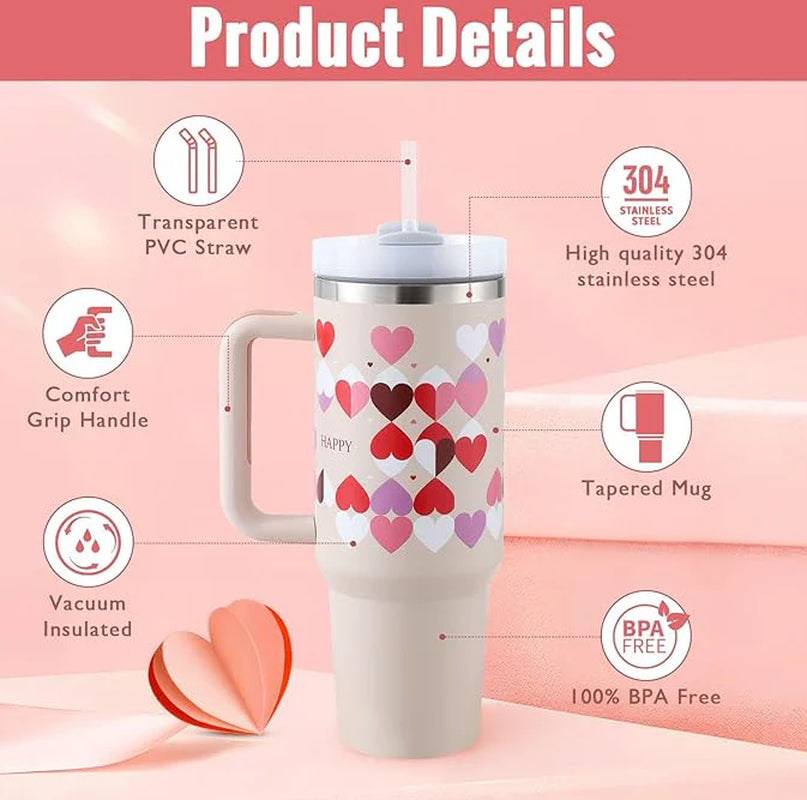 40 Oz Insulated Stainless Steel Tumbler with Handle and Straw, Spill-Proof Vacuum Coffee Cup with Lid - Ideal Gift for Valentine's Day, Perfect for Car, Gym, Office, and Travel