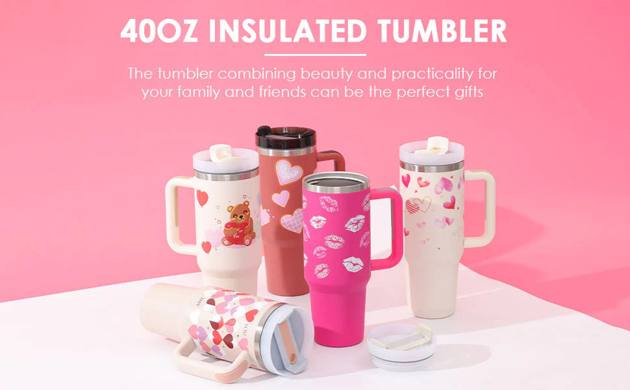 40 Oz Insulated Stainless Steel Tumbler with Handle and Straw, Spill-Proof Vacuum Coffee Cup with Lid - Ideal Gift for Valentine's Day, Perfect for Car, Gym, Office, and Travel