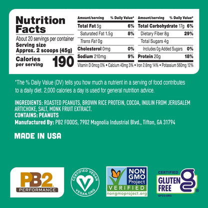 Performance Peanut Plant Based Vegan Protein Powder | 20G Complete Protein, No Added Sugar, Prebiotic Fiber | Dairy Free, Certified Vegan, Non-Gmo, and Gluten Free [Peanut with Dutch Cocoa, 2Lb]