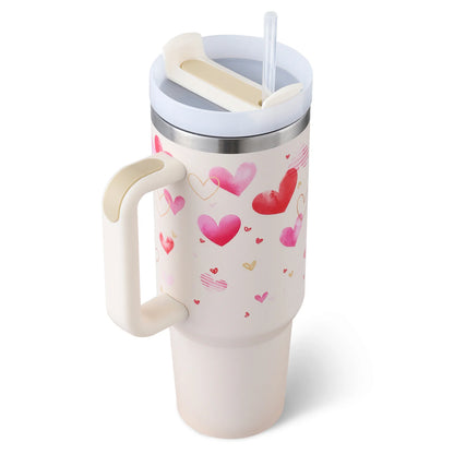 40 Oz Insulated Stainless Steel Tumbler with Handle and Straw, Spill-Proof Vacuum Coffee Cup with Lid - Ideal Gift for Valentine's Day, Perfect for Car, Gym, Office, and Travel